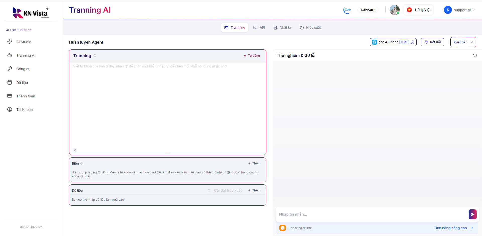 Giao diện training chatbot