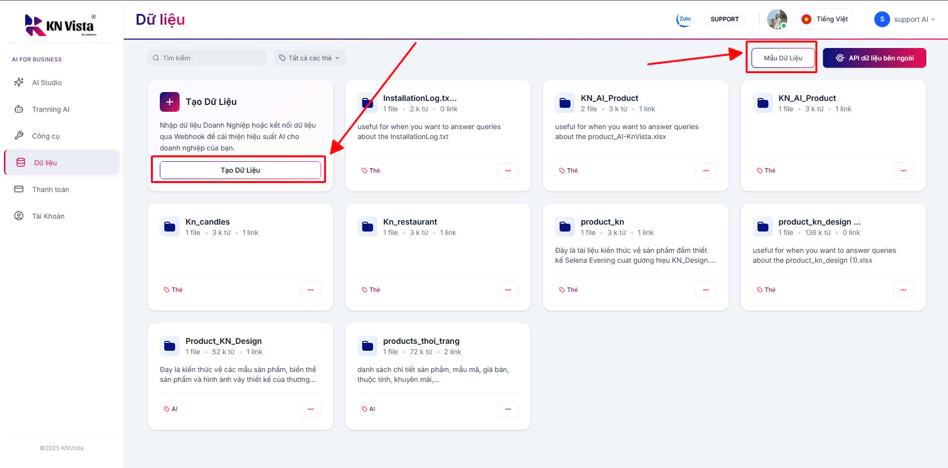 Màn hình tạo dữ liệu