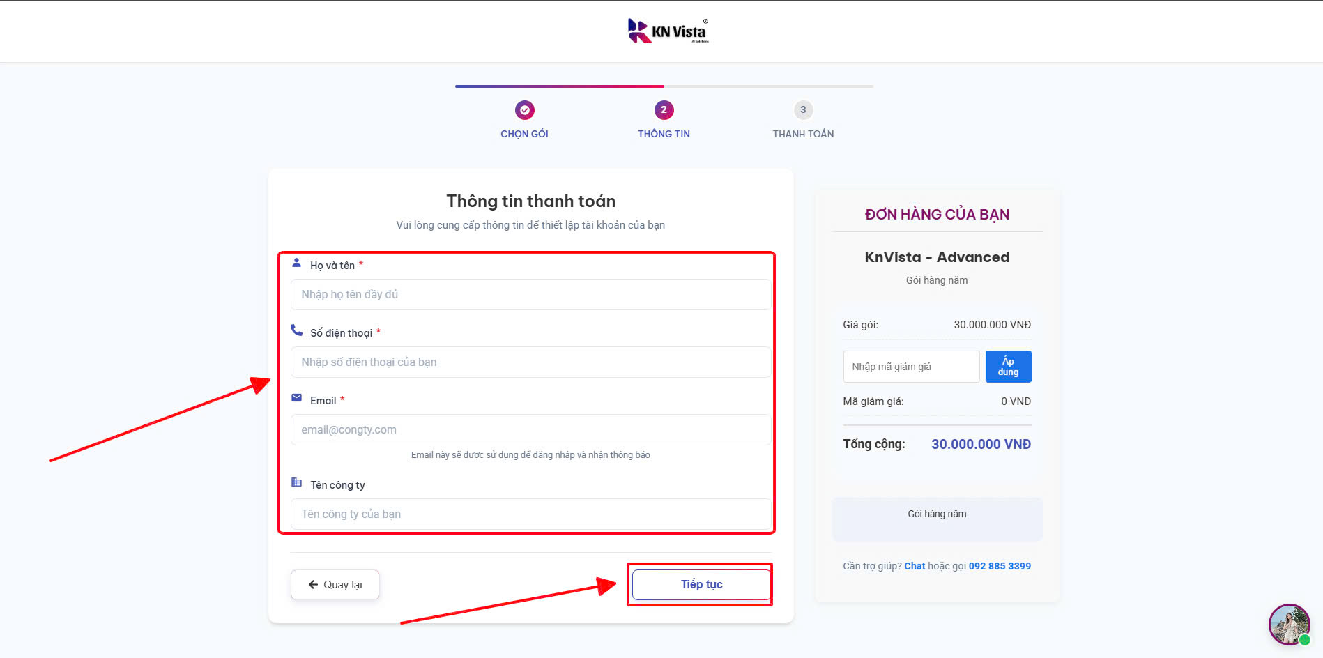 Điền thông tin khách hàng