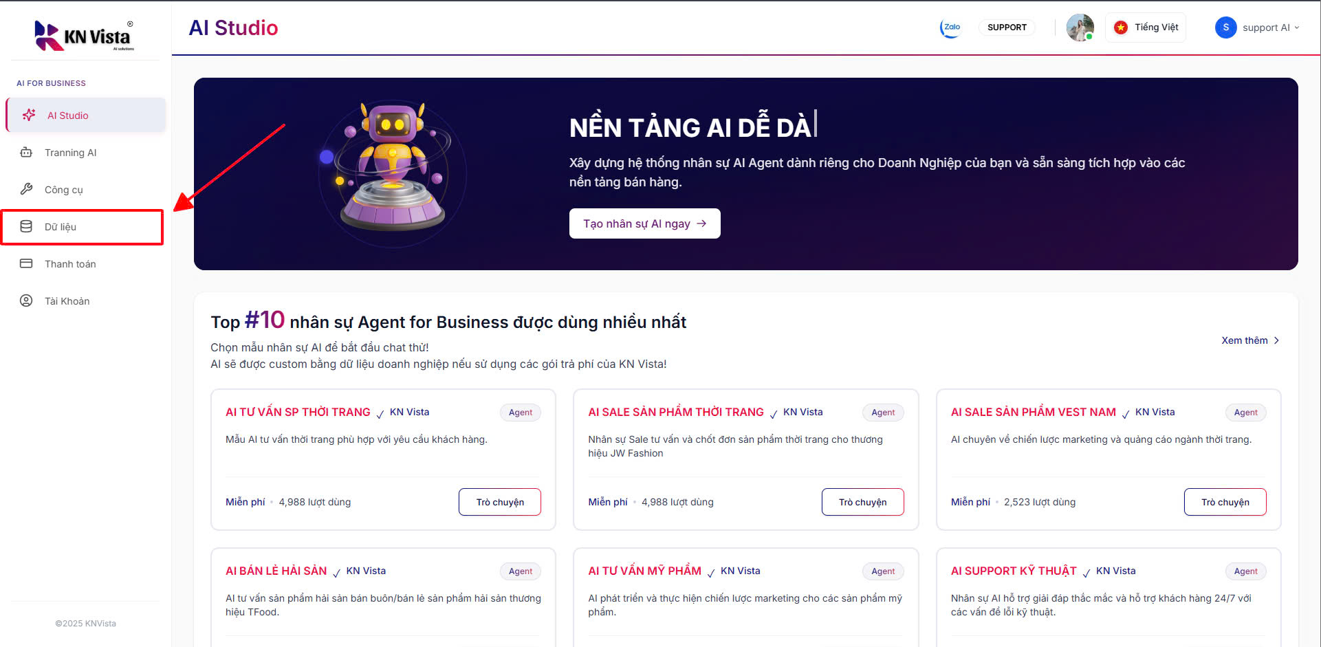 Tab menu Dữ liệu
