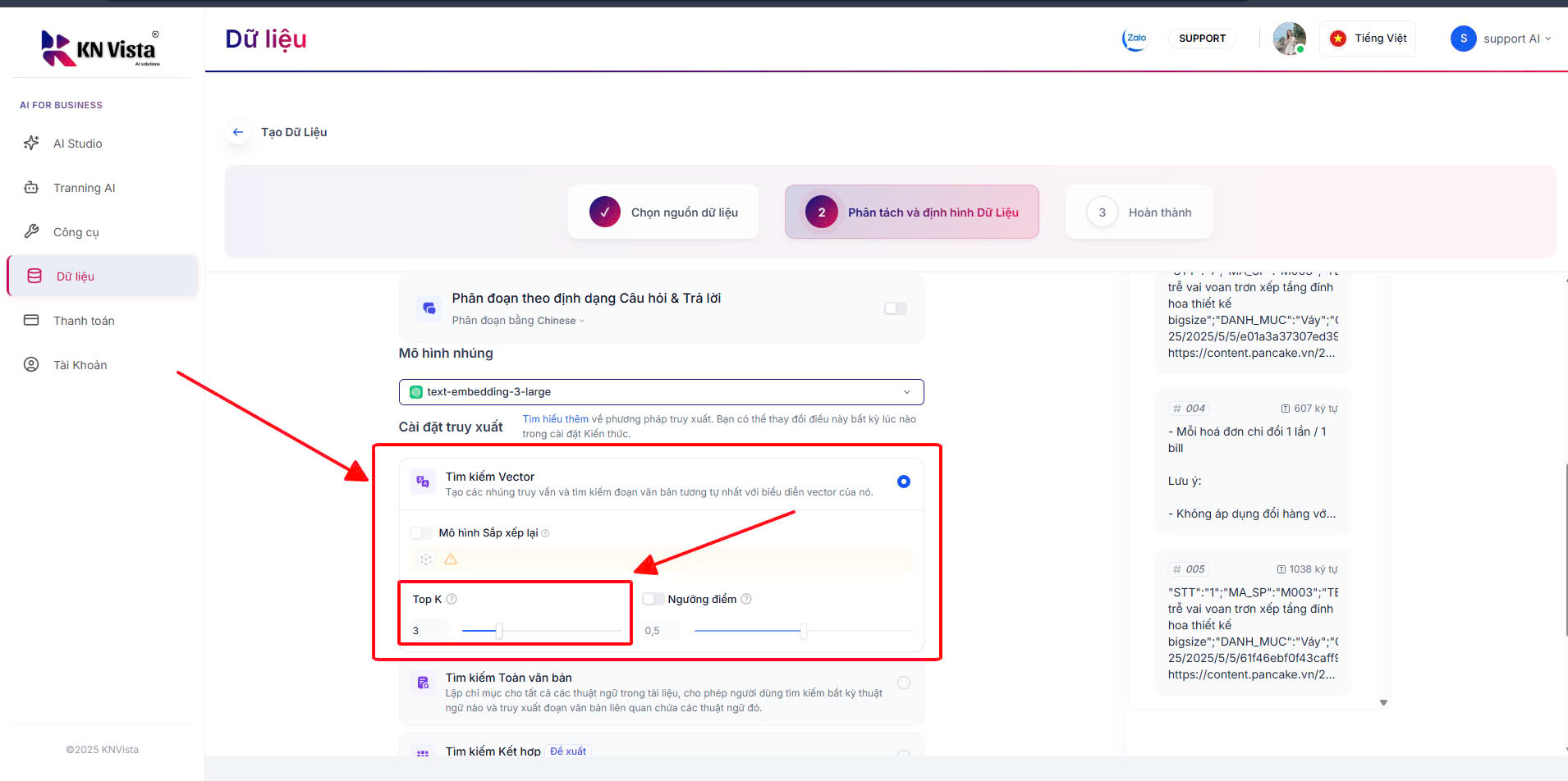 Tab menu Dữ liệu