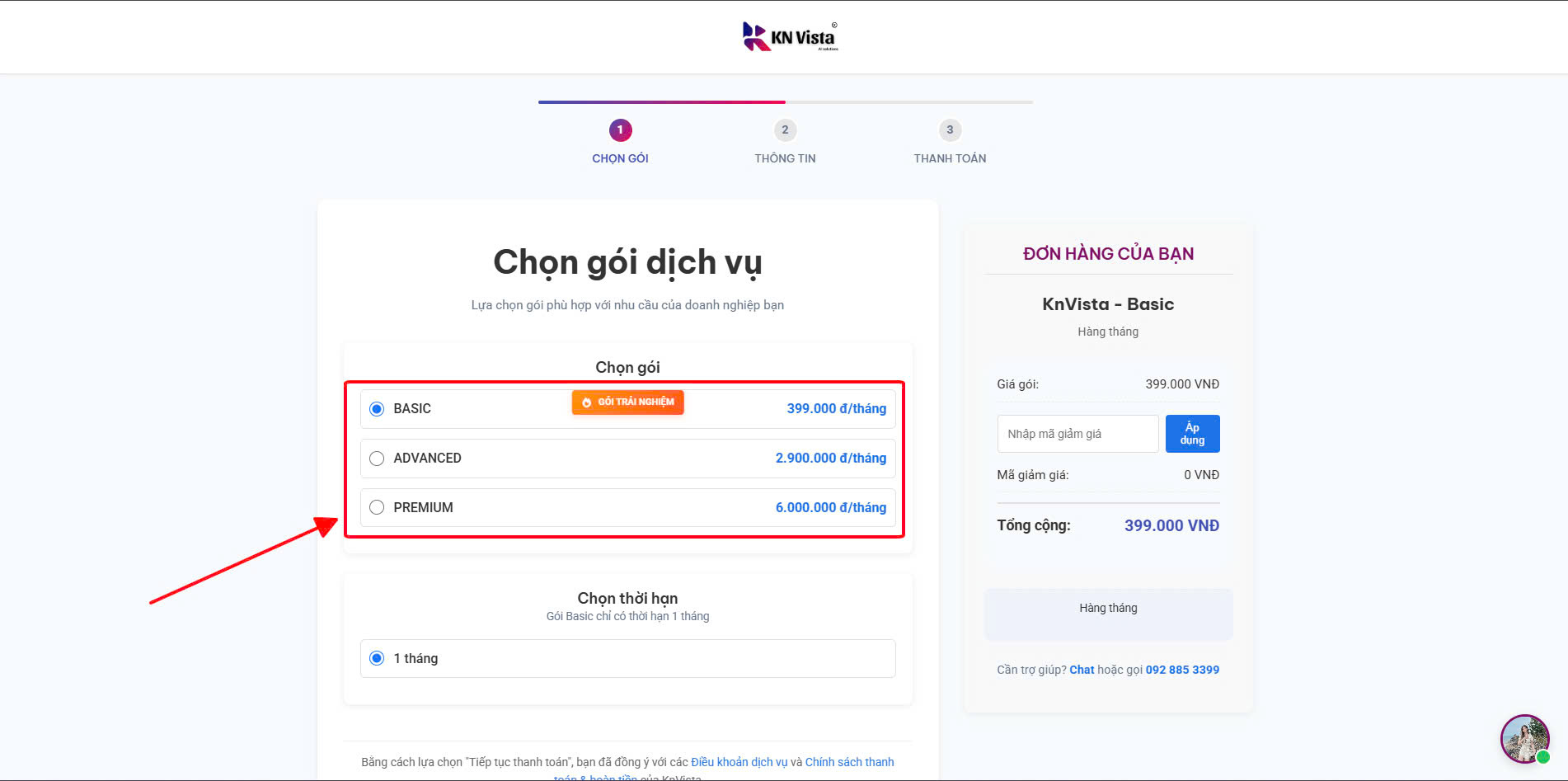 Chọn gói dịch vụ