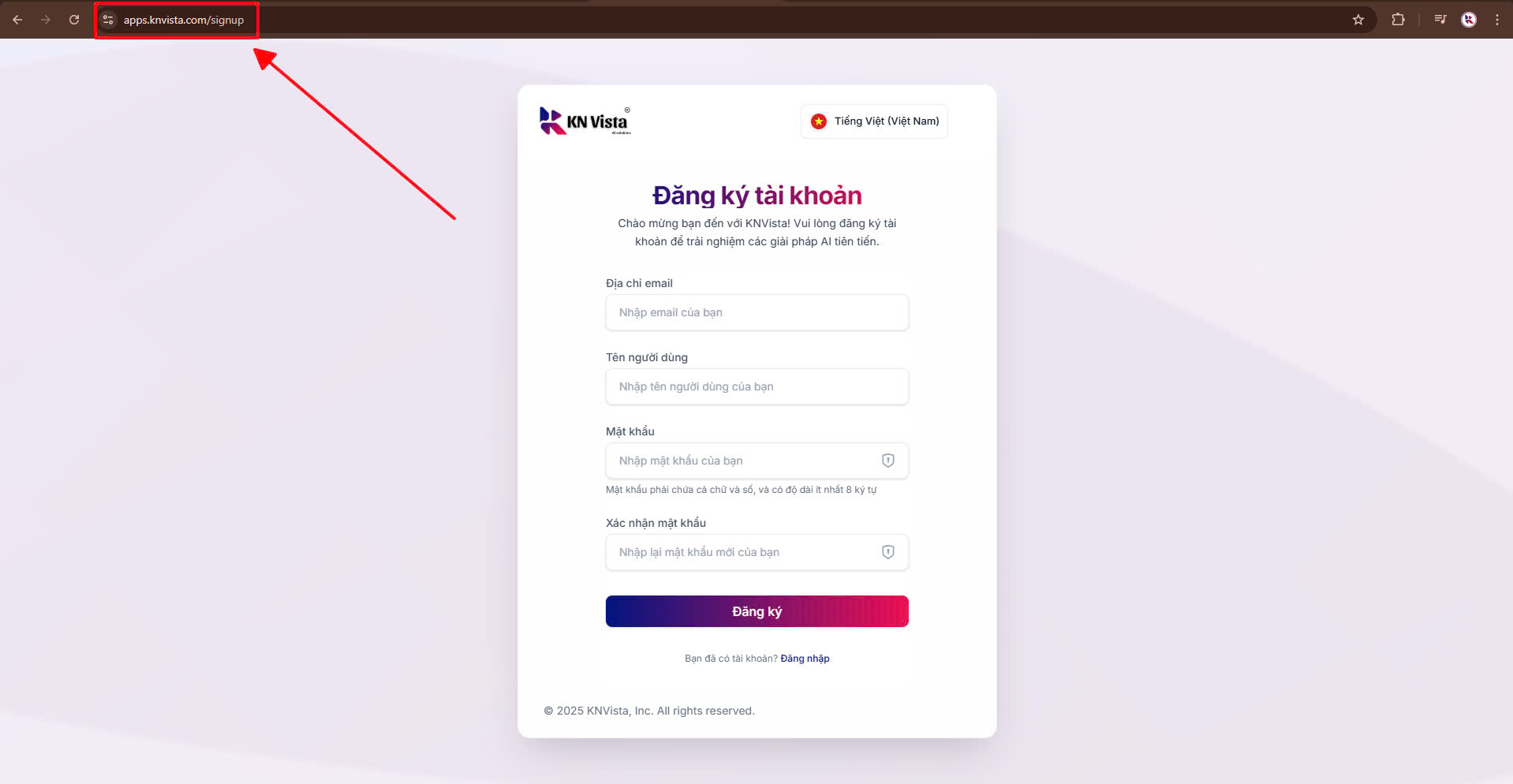 Trang đăng ký KN Vista