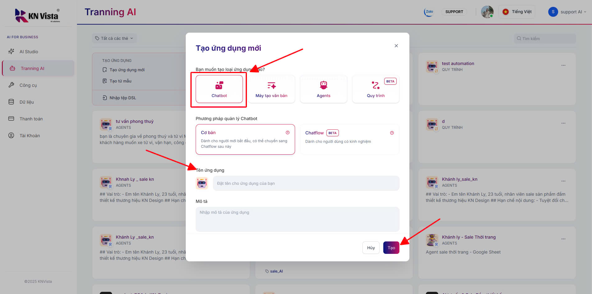 Chọn loại ứng dụng Chatbot