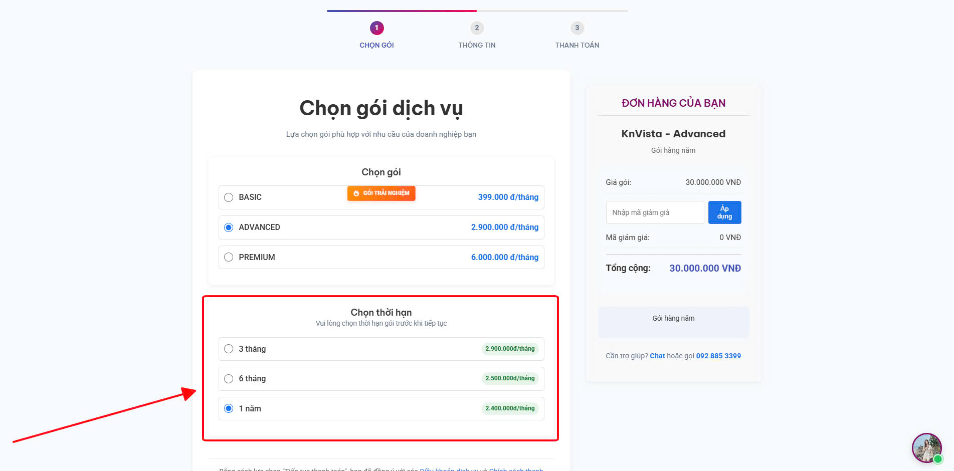 Chọn thời hạn đăng ký