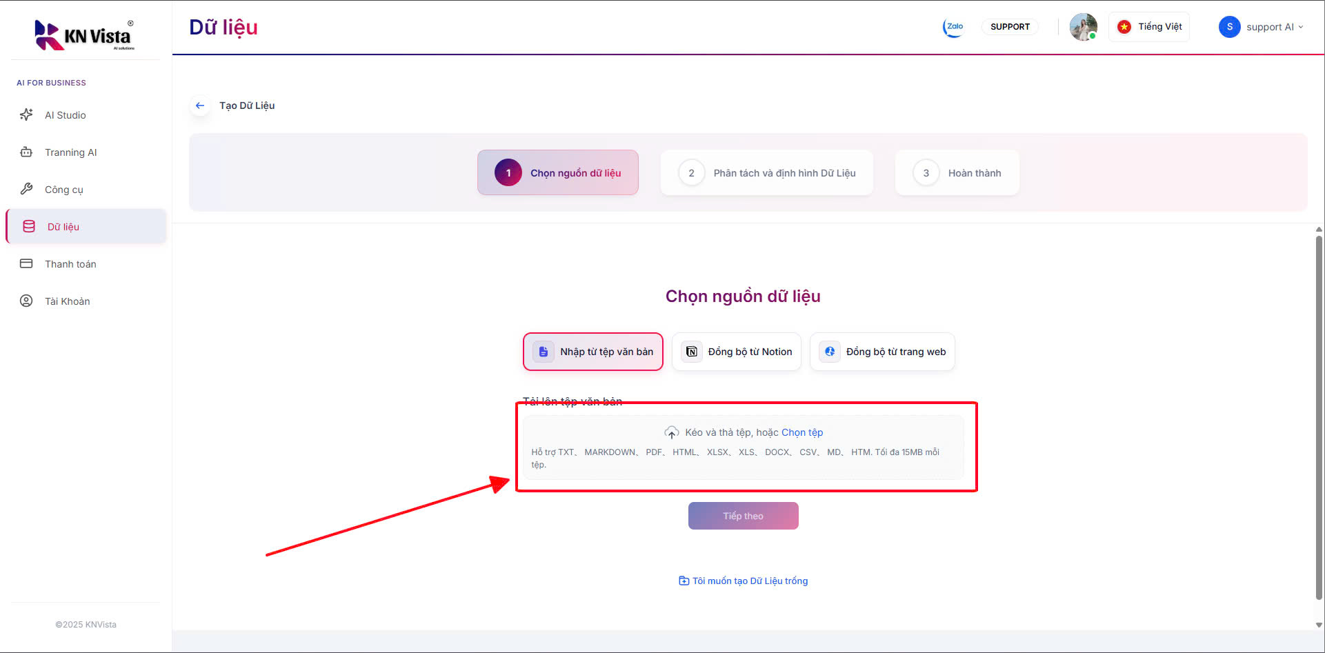 Màn hình chọn tệp dữ liệu
